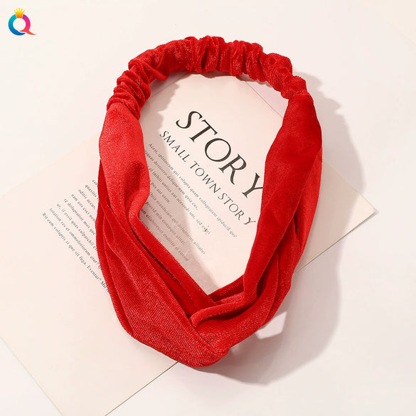Women's Simple Velvet Bow Knotted Cross Headband With Elastic Cloth Hair Accessory