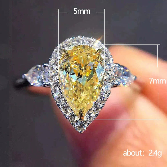 Women's Simple Yellow Water Drop Pear Shaped Zircon Copper Ring