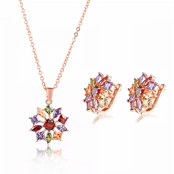 Women's Simple Zircon Earrings And Necklace Set With Flower Pendant Short Clavicle Chain Electroplated Fashion Jewelry