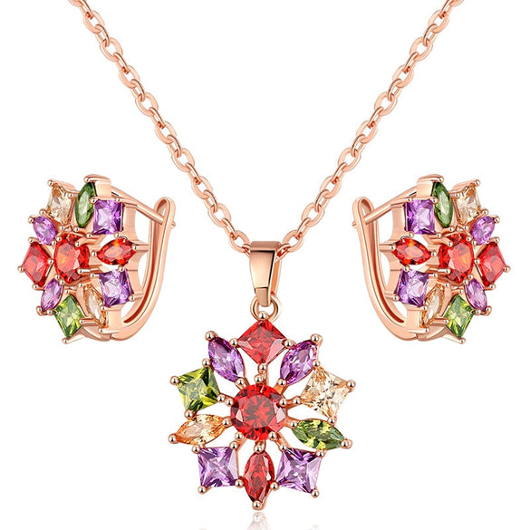 Women's Simple Zircon Earrings And Necklace Set With Flower Pendant Short Clavicle Chain Electroplated Fashion Jewelry