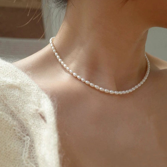 Women's Singlelayer Imitation Pearl Necklace With Oval Beads Electroplated Ushape Design