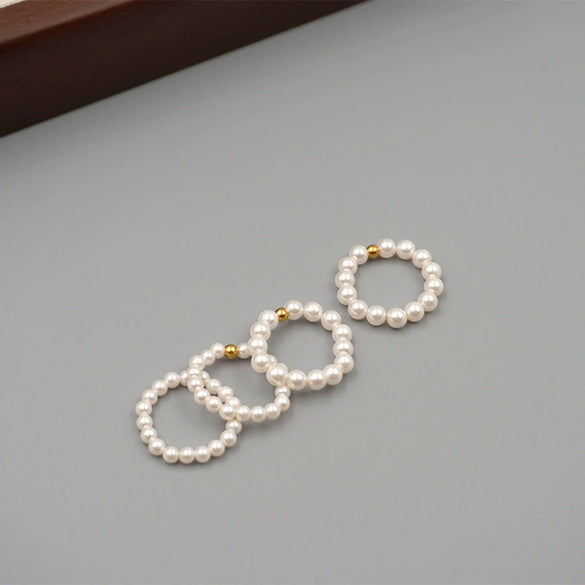 Women's Small Imitation Pearl Ring Pure Handmade Geometric Design Stacked Ring Tail Ring