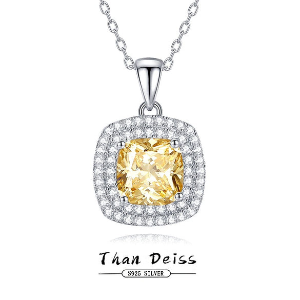 Women's Small Square Geometric Yellow Diamond Citrine Pendant 925 Sterling Silver Fashion Light Luxury Clavicle Chain Necklace