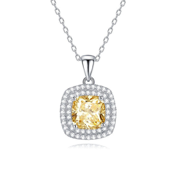 Women's Small Square Geometric Yellow Diamond Citrine Pendant 925 Sterling Silver Fashion Light Luxury Clavicle Chain Necklace