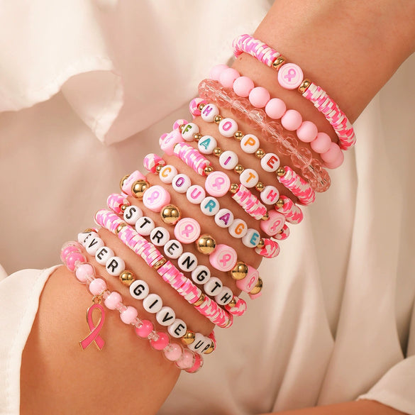 Women's Soft Ceramic Bracelet Handmade With Polymer Clay Featuring Letters Numbers Text Pattern And Multilayer Stacked Design