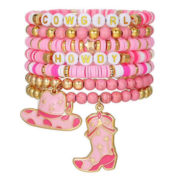 Women's Soft Clay Beaded Stacked Bracelet Handmade With Letter Beads In Western Cowboy Style