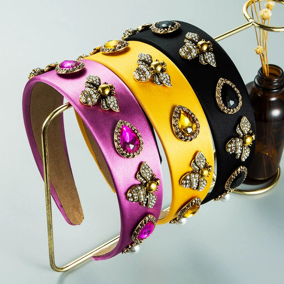 Women's Solid Color Fabric Headband With Pearl And Crystal Embellishments Baroque Bee Design Hair Accessory