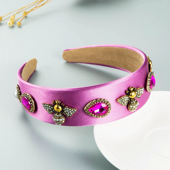 Women's Solid Color Fabric Headband With Pearl And Crystal Embellishments Baroque Bee Design Hair Accessory