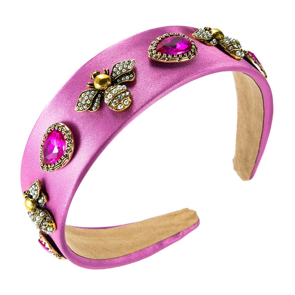 Women's Solid Color Fabric Headband With Pearl And Crystal Embellishments Baroque Bee Design Hair Accessory