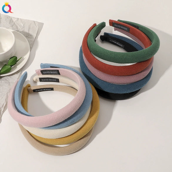 Women's Solid Color Padded Sponge Headband With Geometric Design Handmade Retro Hair Hoop For Face Washing And Everyday Styling