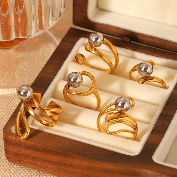 Women's Spherical Stainless Steel Ring With Geometric Lines And Electroplating Design