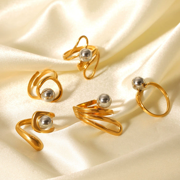 Women's Spherical Stainless Steel Ring With Geometric Lines And Electroplating Design