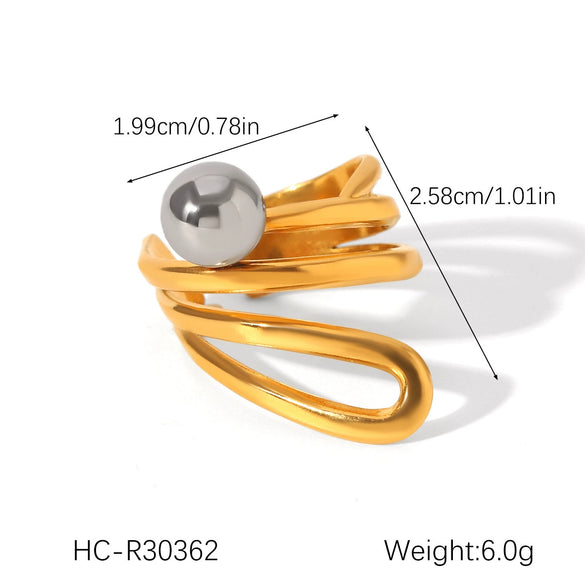 Women's Spherical Stainless Steel Ring With Geometric Lines And Electroplating Design