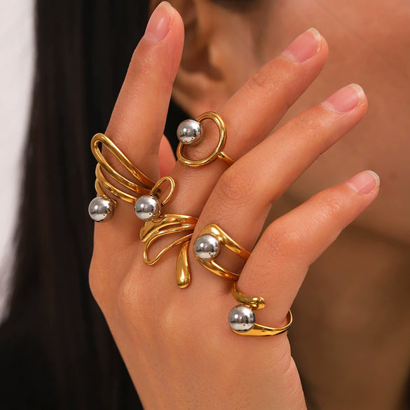 Women's Spherical Stainless Steel Ring With Geometric Lines And Electroplating Design
