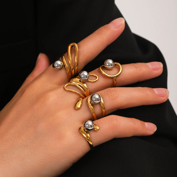 Women's Spherical Stainless Steel Ring With Geometric Lines And Electroplating Design