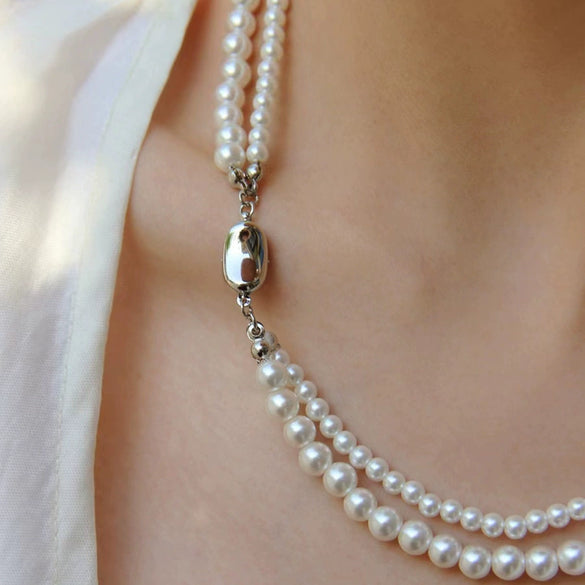 Women's Spring And Summer Handmade Round Imitation Pearl Double Layer Ushape Necklace