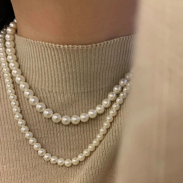 Women's Spring And Summer Handmade Round Imitation Pearl Double Layer Ushape Necklace