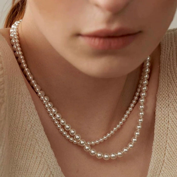 Women's Spring And Summer Handmade Round Imitation Pearl Double Layer Ushape Necklace