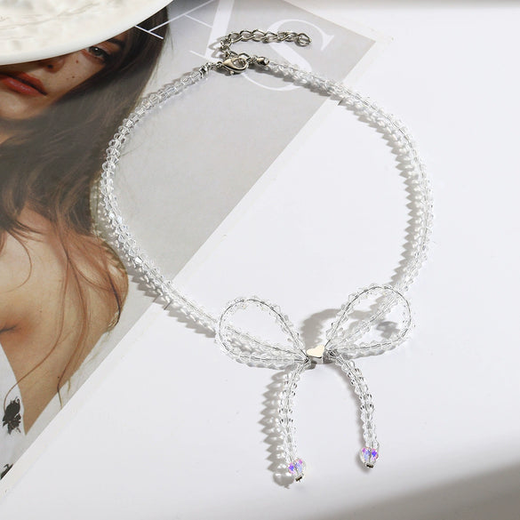 Women's Spring Small Fresh Crystal Beaded Artificial Crystal Bow Necklace