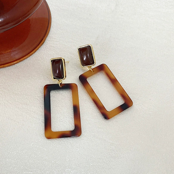 Women's Square Acrylic And S925 Sterling Silver Leopard Earrings With Electroplating