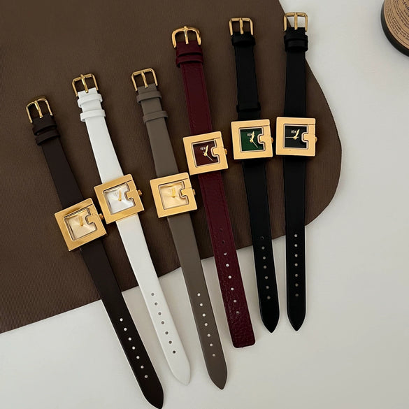 Women's Square Alloy Belt Watch With Imitation Leather Strap And Stainless Steel Buckle In Retro Style
