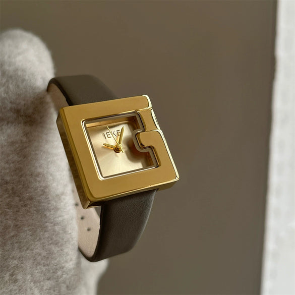 Women's Square Alloy Belt Watch With Imitation Leather Strap And Stainless Steel Buckle In Retro Style