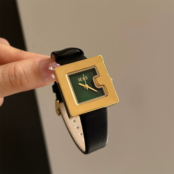 Women's Square Alloy Belt Watch With Imitation Leather Strap And Stainless Steel Buckle In Retro Style