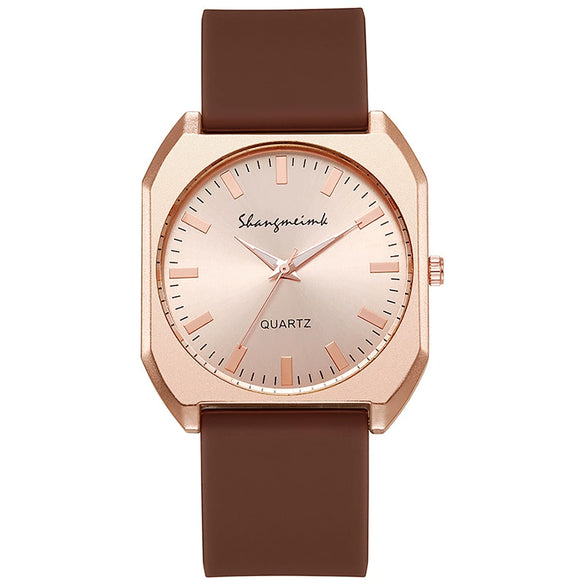 Women's Square Alloy Case And Silicone Band Quartz Watch With Spiral Crown And Horseshoe Buckle