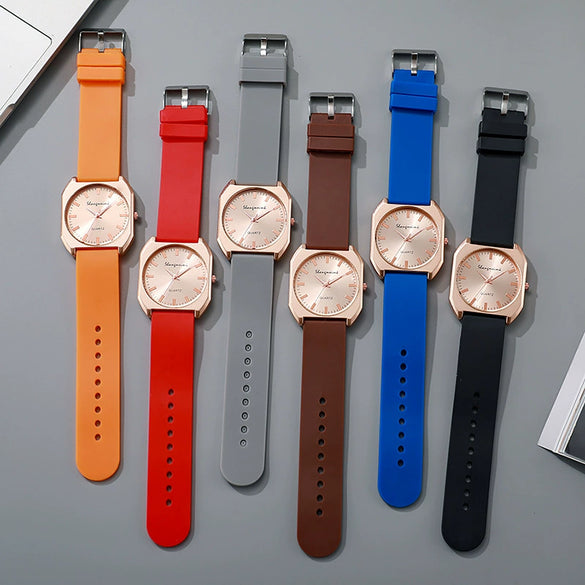 Women's Square Alloy Case And Silicone Band Quartz Watch With Spiral Crown And Horseshoe Buckle