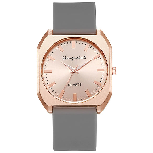 Women's Square Alloy Case And Silicone Band Quartz Watch With Spiral Crown And Horseshoe Buckle