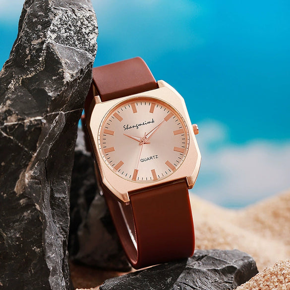 Women's Square Alloy Case And Silicone Band Quartz Watch With Spiral Crown And Horseshoe Buckle