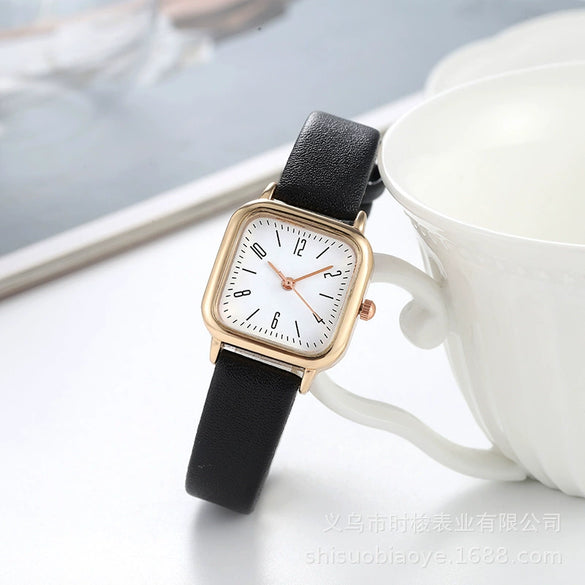 Women's Square Alloy Case Imitation Leather Strap Quartz Watch With Simple Roman Numerals And Spiral Crown