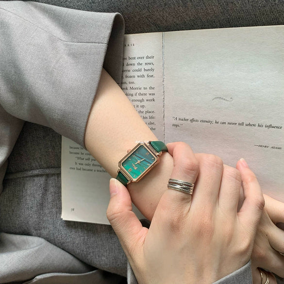 Women's Square Alloy Case Small Dial Leisure Style Green Watch