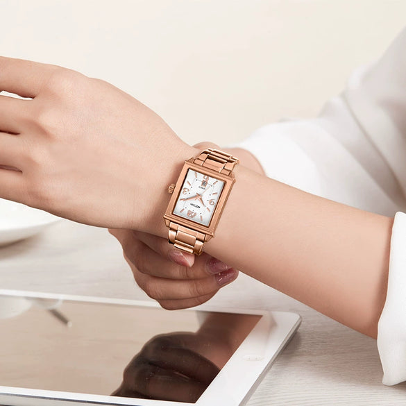 Women's Square Alloy Case Stainless Steel Band Retro Fashion Quartz Watch With Imported Movement And Calendar