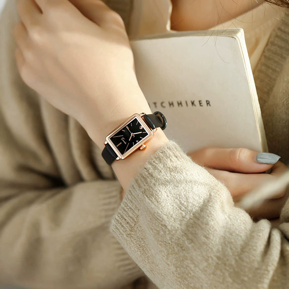 Women's Square Alloy Pu Rose Gold Watch Retro Simple Light Luxury Niche New Style Printed Logo Waterproof Mineral Strengthened Mirror Pin Buckle Spiral Crown