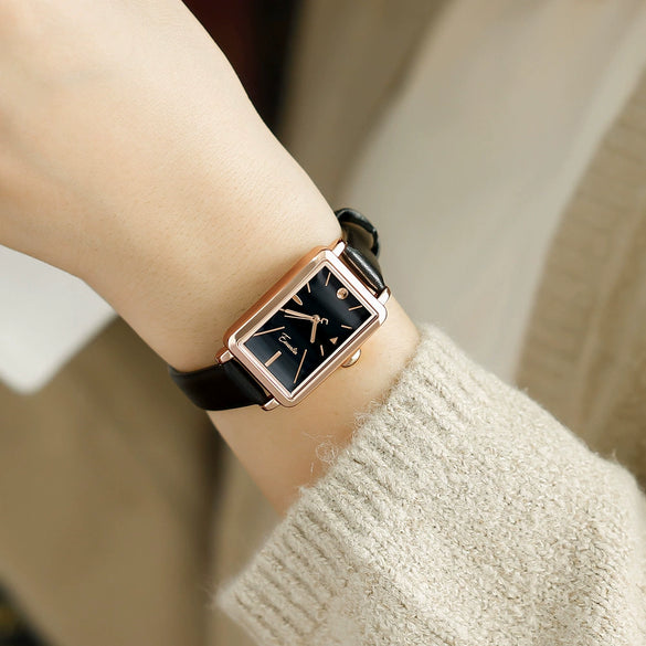 Women's Square Alloy Pu Rose Gold Watch Retro Simple Light Luxury Niche New Style Printed Logo Waterproof Mineral Strengthened Mirror Pin Buckle Spiral Crown