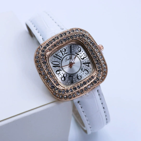 Women's Square Alloy Quartz Watch With Rhinestones And Pu Strap