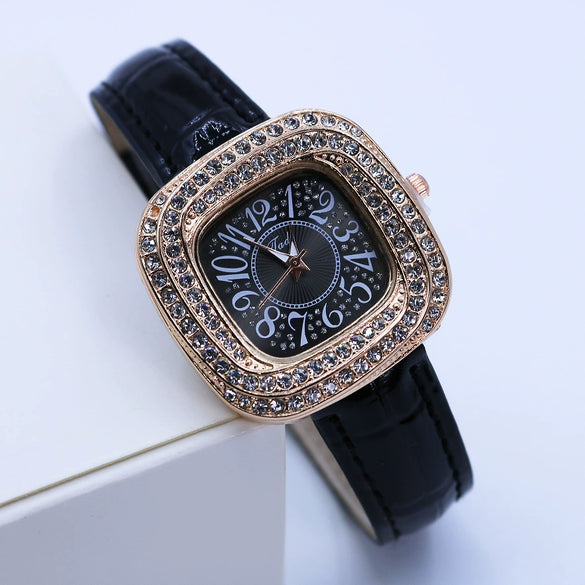 Women's Square Alloy Quartz Watch With Rhinestones And Pu Strap