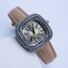Women's Square Alloy Quartz Watch With Rhinestones And Pu Strap