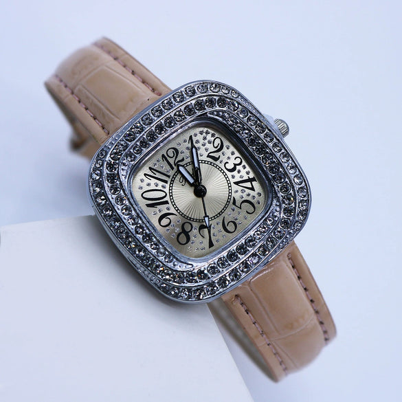 Women's Square Alloy Quartz Watch With Rhinestones And Pu Strap