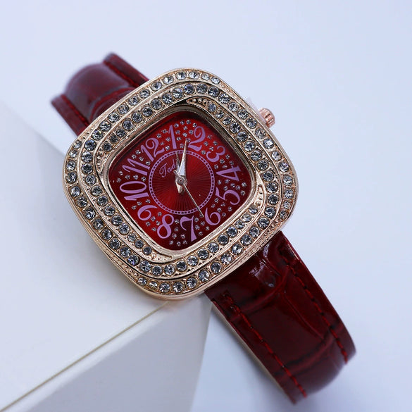 Women's Square Alloy Quartz Watch With Rhinestones And Pu Strap