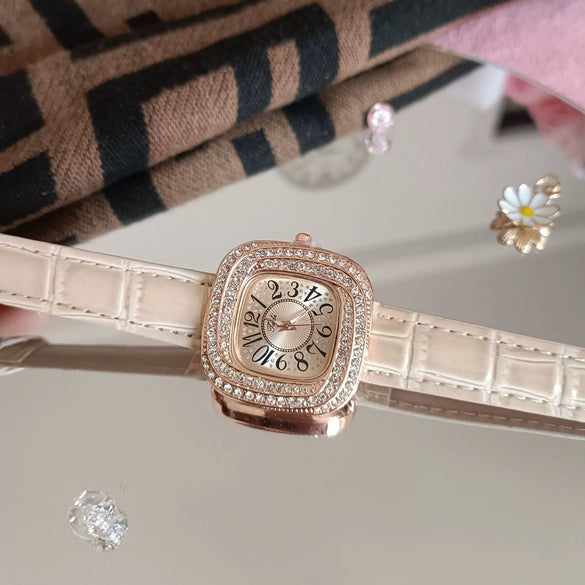 Women's Square Alloy Quartz Watch With Rhinestones And Pu Strap
