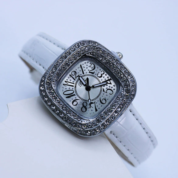 Women's Square Alloy Quartz Watch With Rhinestones And Pu Strap