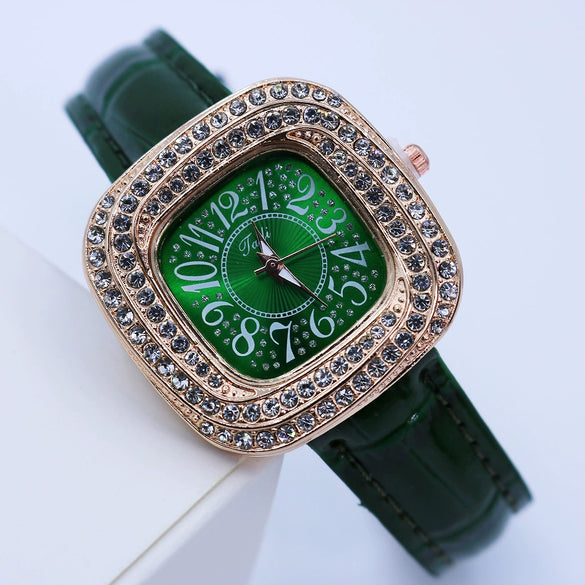 Women's Square Alloy Quartz Watch With Rhinestones And Pu Strap