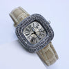 Women's Square Alloy Quartz Watch With Rhinestones And Pu Strap