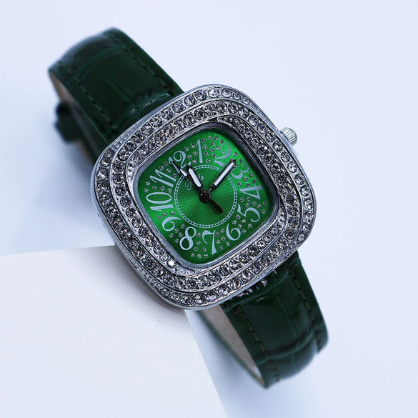 Women's Square Alloy Quartz Watch With Rhinestones And Pu Strap