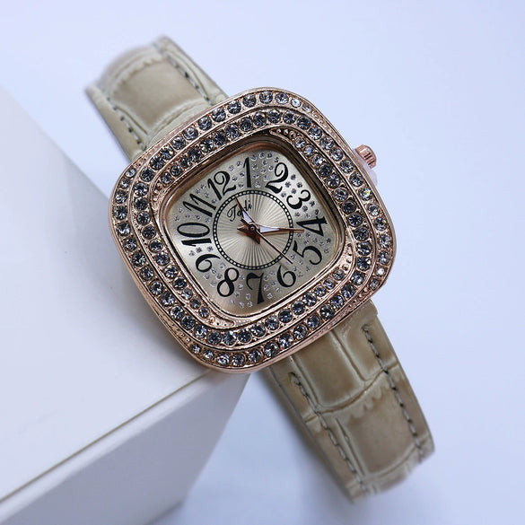 Women's Square Alloy Quartz Watch With Rhinestones And Pu Strap