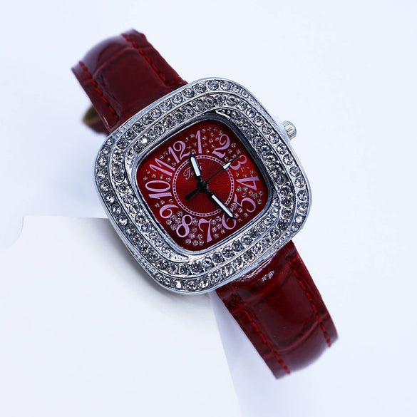 Women's Square Alloy Quartz Watch With Rhinestones And Pu Strap