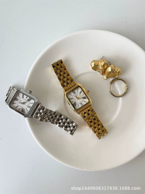 Women's Square Alloy Quartz Watch With Roman Scale Classic Retro And Light Luxury Style