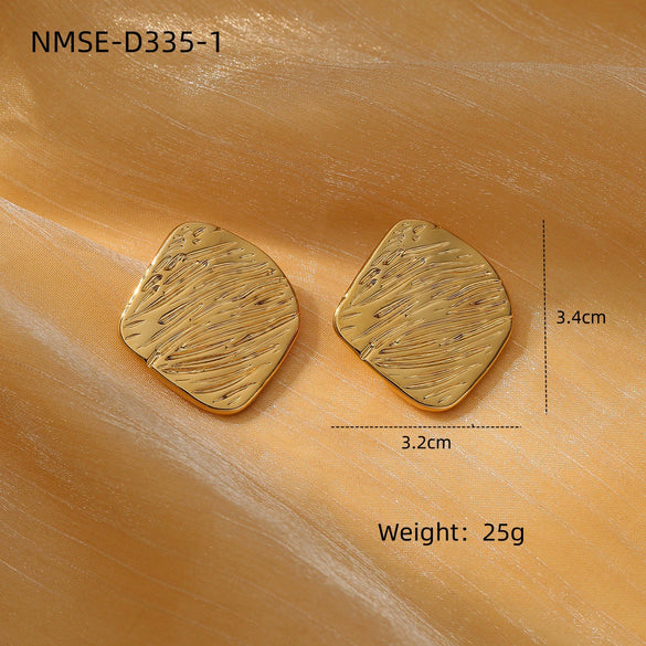 Women's Square And Triangular Pleated Textured Titanium Steel And Stainless Steel 18K Gold Electroplated Earrings Simple Geometric Style